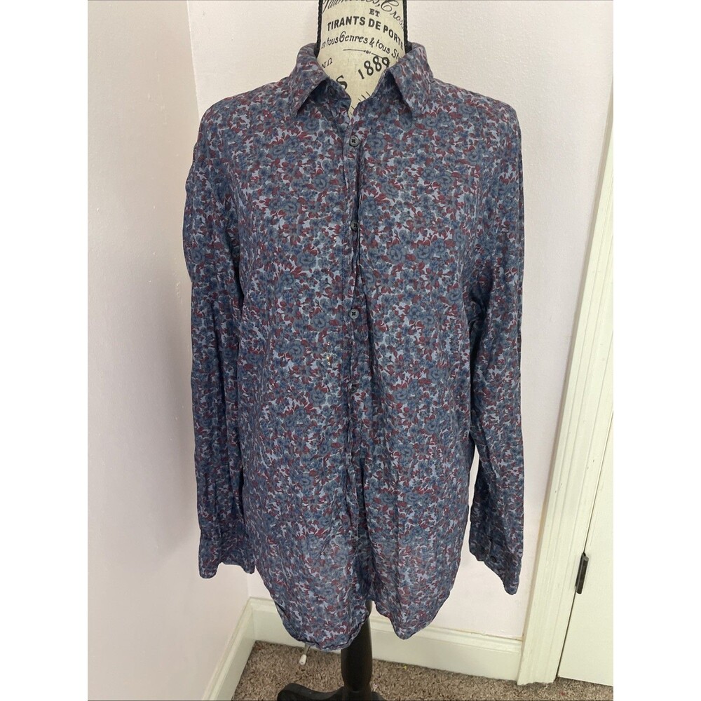 Banana Republic Mens‎ Lg Camden Floral Blue Organic Cotton Button Up Shirt